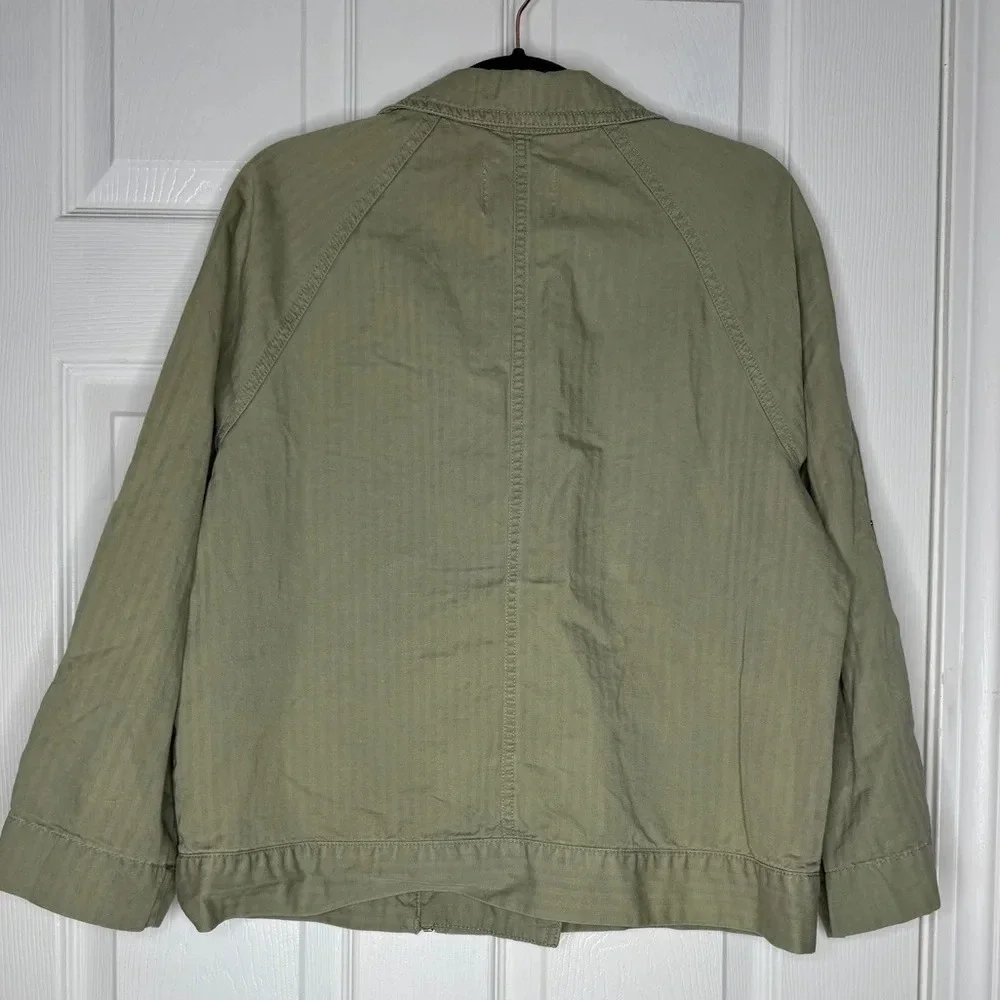 LOFT Olive Green Moto-Style Jacket Roll‎ Tab Sleeves Zip Up Linen Blend Size M